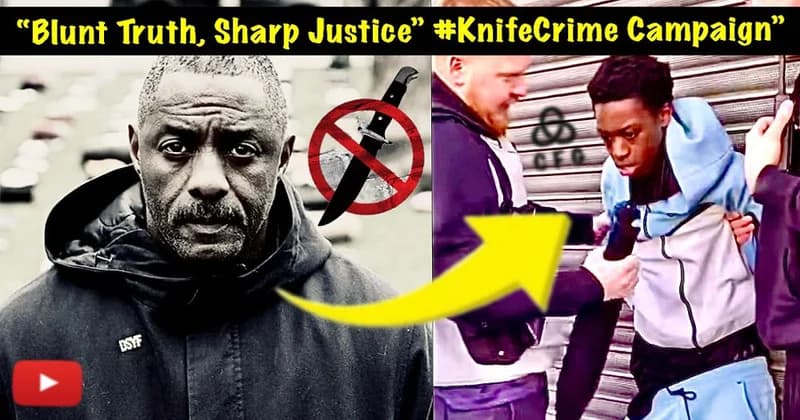 Knife Campaigner Idriss Elba to left, Youth with knife arrested by undercover officers in right panel