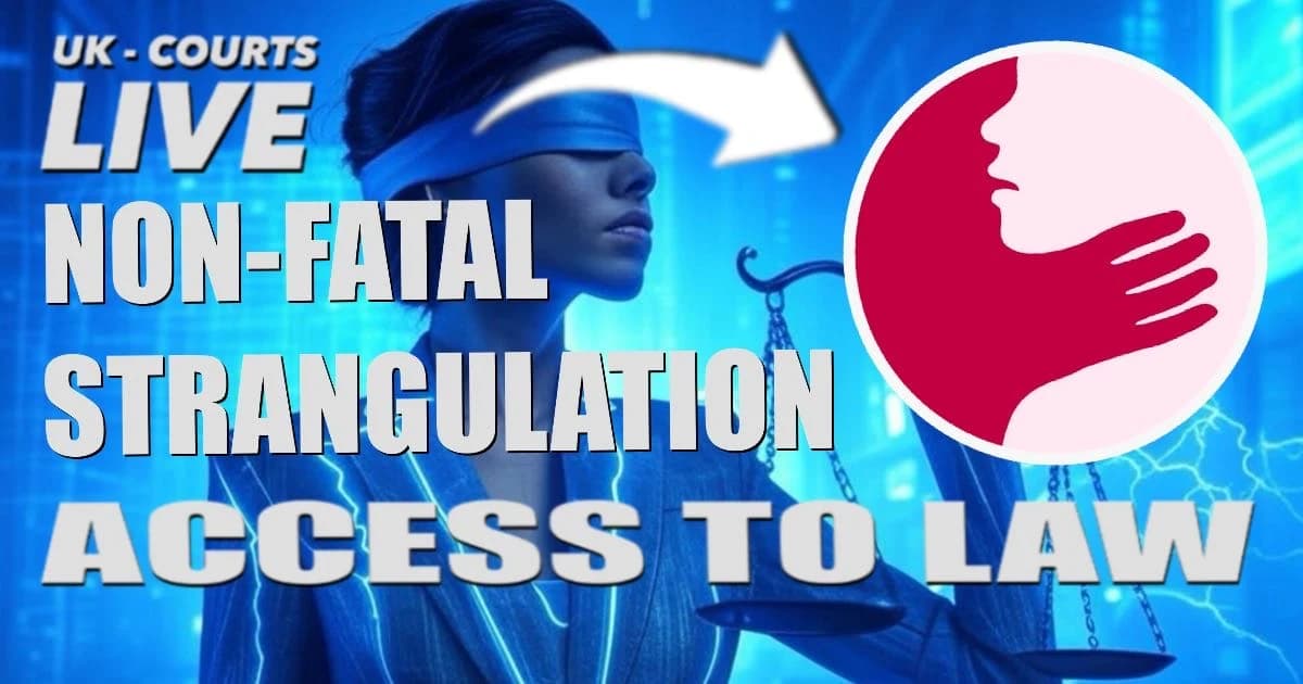 ACCESS TO LAW: Thumbnail for Video Production News depicting a women being strangled over a modern Lady Justice Back ground