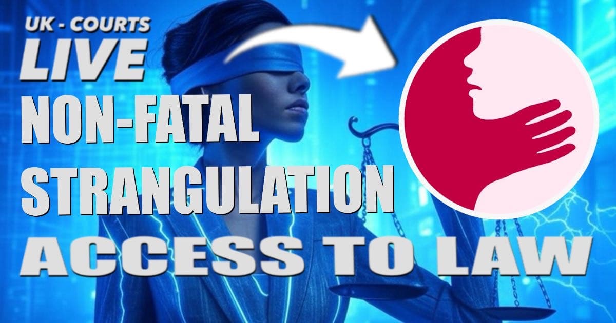 ACCESS TO LAW:  Thumbnail for Video Production News depicting a women being strangled over a modern Lady Justice Back ground 