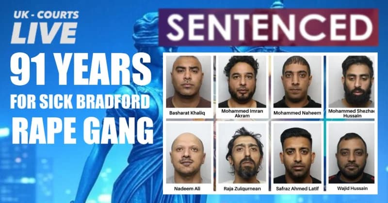 Professional news thumbnail featuring Bradford’s latest jailed rape gang