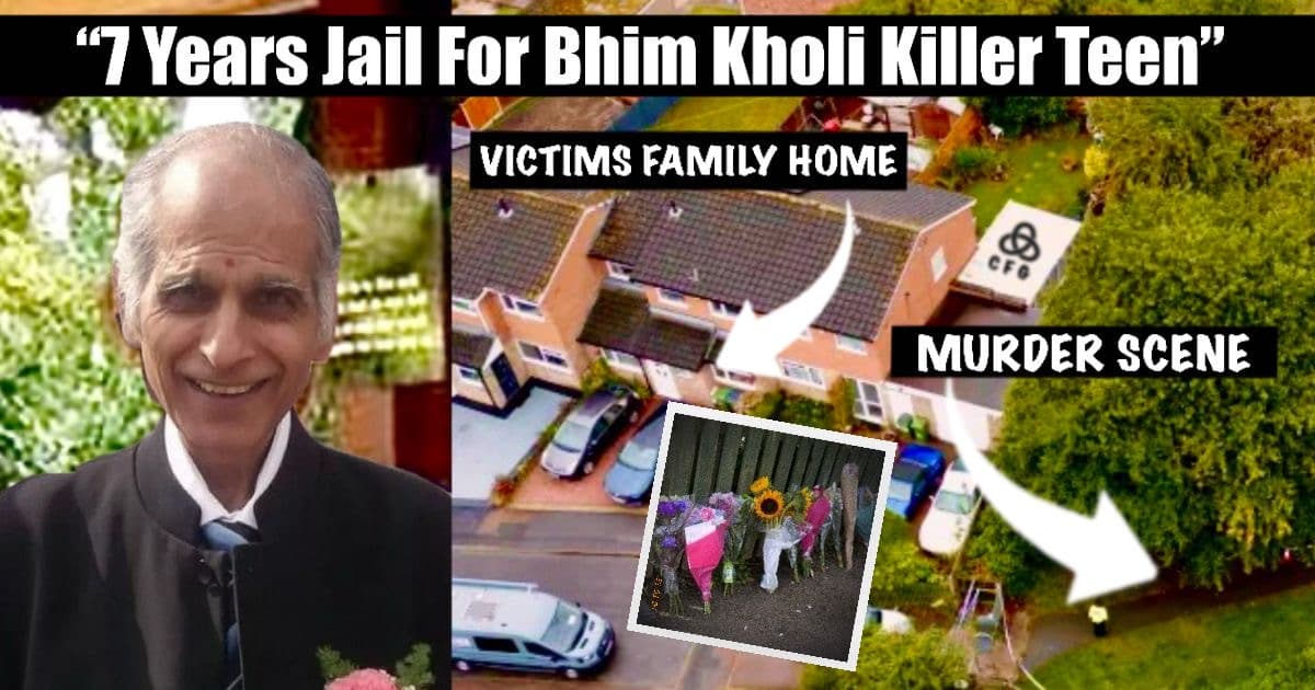 Image shows smiling 81-year-old Bhim Kohli on the left, with a labelled aerial photo of his home and a marked arrow pointing to the nearby site of his fatal attack.