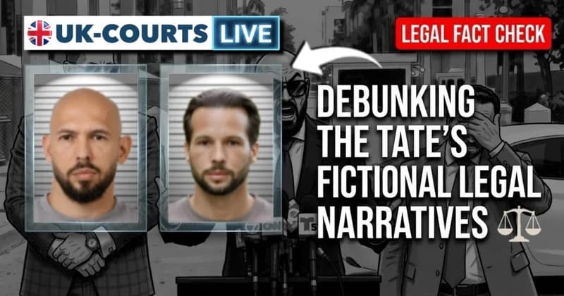 Image of Andrew & Tristan Tate with headline: Debunking the Tate’s Fictional Legal Narratives