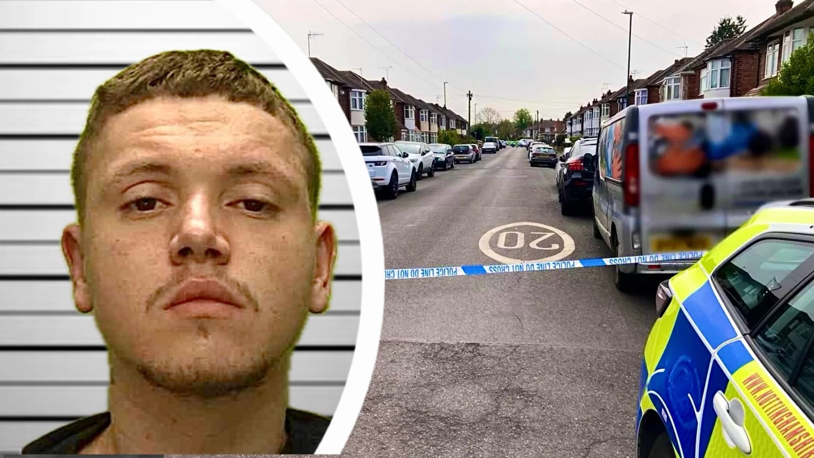 Knife attacker to left, police at crime scene to the right.