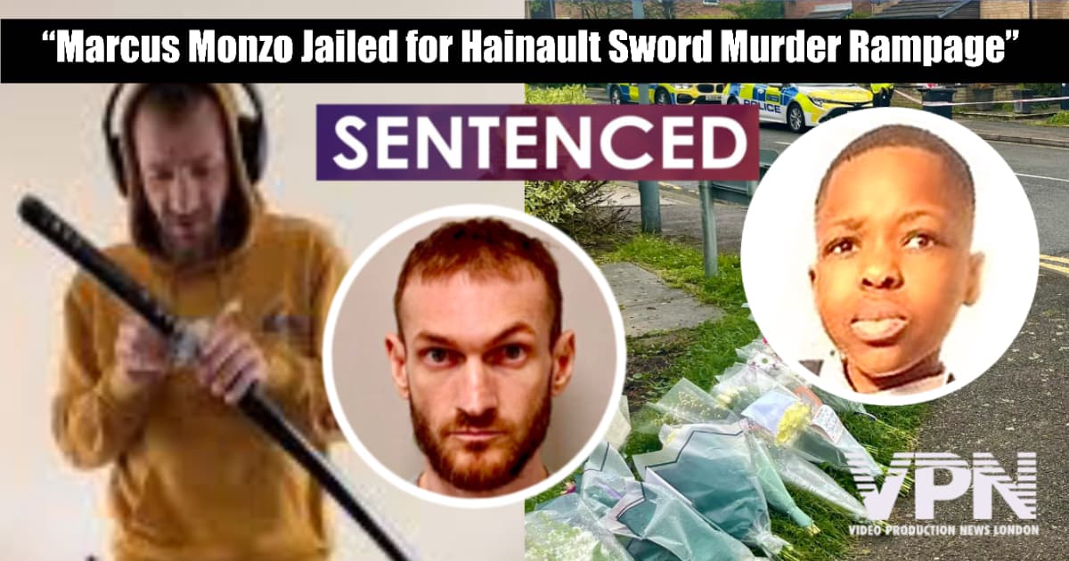 Composite image showing Marcus Arduini Monzo holding a samurai sword, his custody mugshot, and a photo of 14-year-old murder victim Daniel Anjorin, overlaid with the word “SENTENCED”, and a background of police tape and floral tributes at the Hainault crime scene.