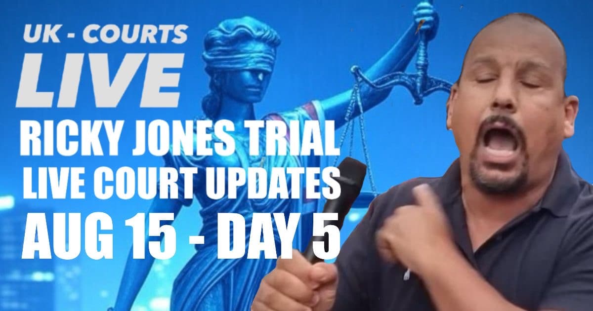 Thumbnail for Ricky Jones trial live coverage article, showing UK courts live banner with Lady Justice statue, bold text announcing trial date 11 August, & Ricky Jones speaking into a microphone.
