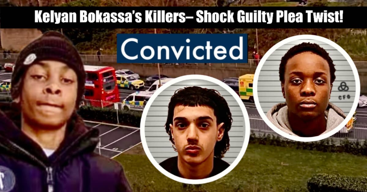 “Thumbnail featuring Kelyan Bokassa and the two teenagers convicted of his murder, with bold headline ‘Kelyan Bokassa’s Killers – Shock Guilty Plea Twist!’, and police scene backdrop.”