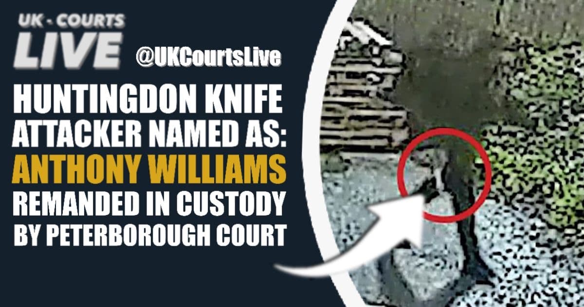 Professional Video Production News thumbnail with headline text to right and CCTV Image of Huntingdon train stabbing attacker carrying knife to the right 