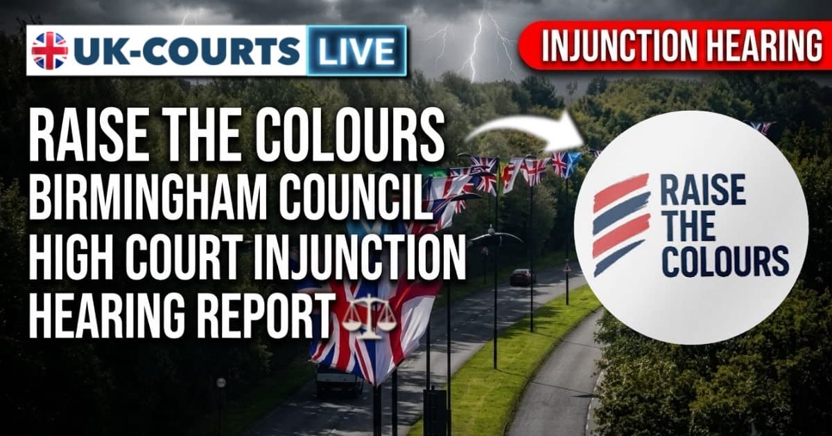 Birmingham street with flags with ban injunction headline