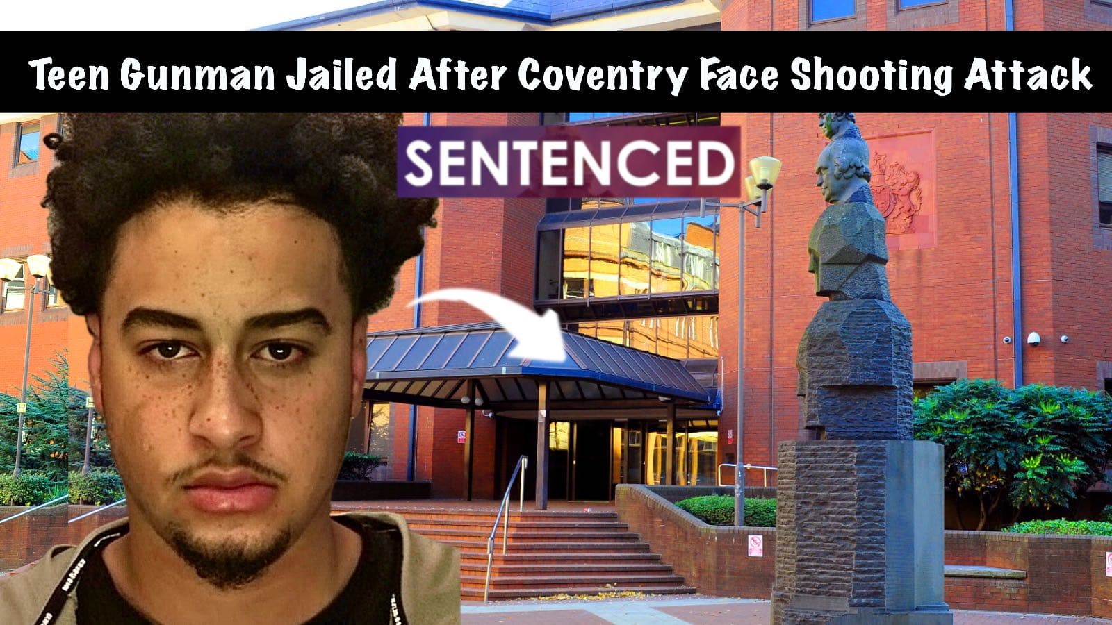 Thumbnail shows mugshot of teen gunman Raydell Lennox with Birmingham Crown Court in background, a white arrow to court doors, and bold SENTENCED banner.