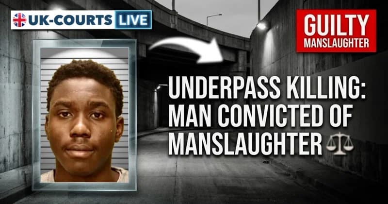 Professional news thumbnail featuring headline  UNDERPASS KILLING: MAN CONVICTED OF MANSLAUGHTER, custody photo of young black male & cinematic underpass , 