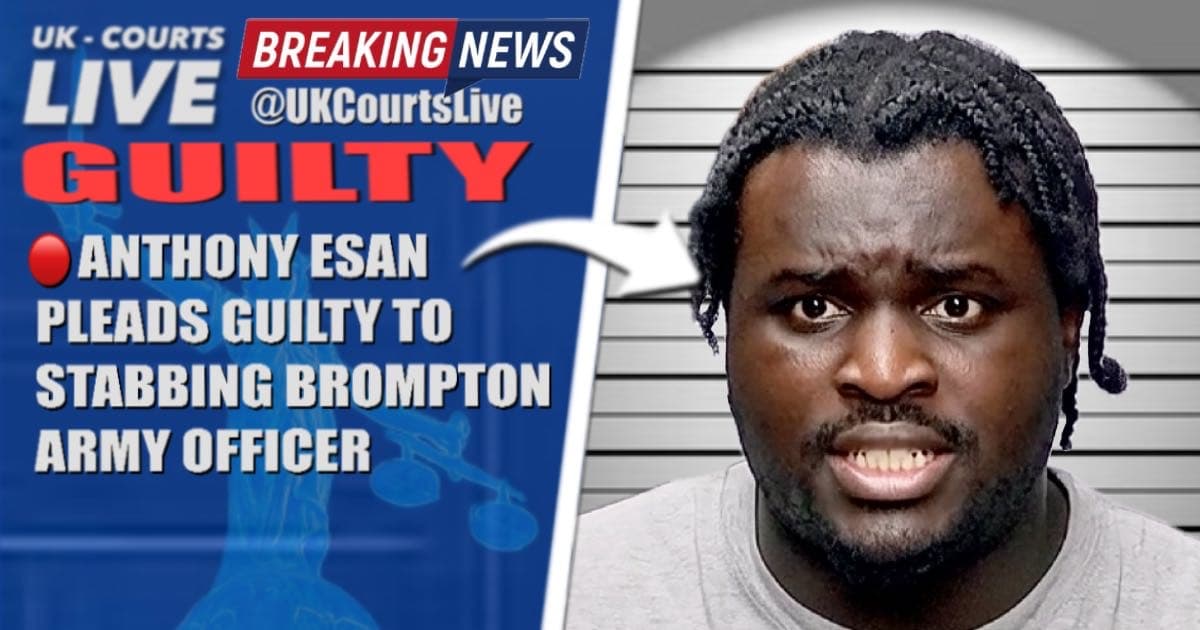 News graphic for Anthony Esan featuring an Army officer's cap, a moped silhouette, and the text: "GUILTY: ATTEMPTED MURDER."