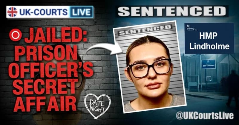 Landscape thumbnail featuring a gritty, dark brick wall on the left with bold red text: "JAILED: PRISON OFFICER'S SECRET AFFAIR". To the right of the text is a square police mugshot of Charlotte Winstanley over a white "Date Night" chalk heart. The right side of the image depicts the exterior gates of HMP Lindholme under a somber sky, with a digital overlay showing the UK Courts Live logo and the word "SENTENCED".