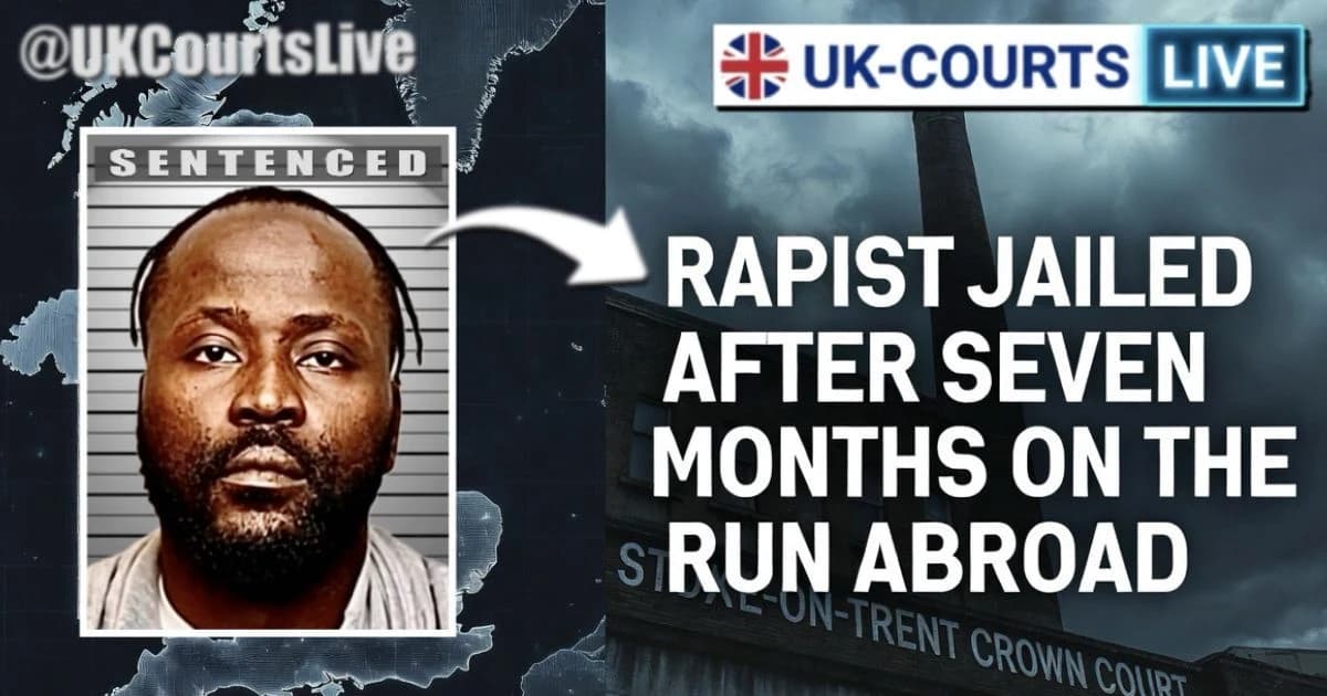 16:9 Thumbnail: Vertical split. LEFT: Dark brick background with empty mugshot frame and "EXTRADITED" stamp. RIGHT: Stoke-on-Trent Crown Court exterior.