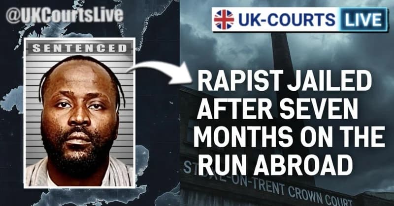 16:9 Thumbnail: Vertical split. LEFT: Dark brick background with empty mugshot frame and "EXTRADITED" stamp. RIGHT: Stoke-on-Trent Crown Court exterior.