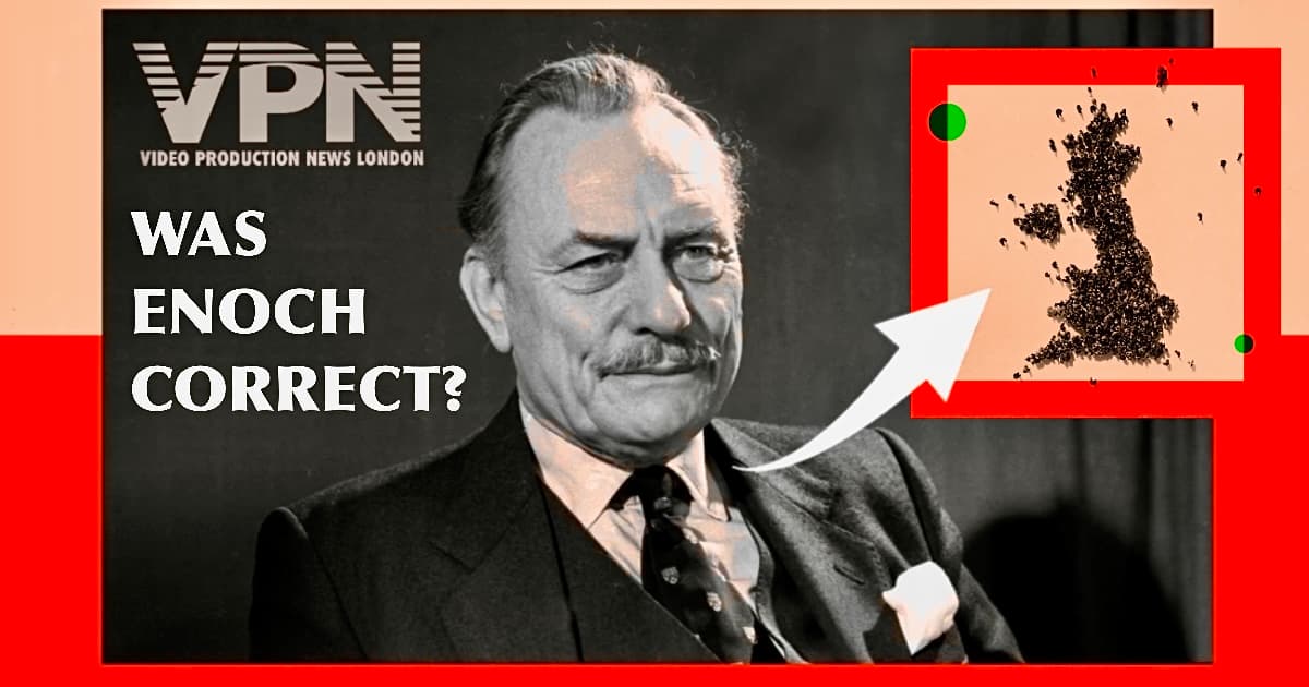 Black-and-white portrait of Enoch Powell with bold text asking “Was Enoch Correct?” featured in a Video Production News (VPN) branded thumbnail. A red border highlights a UK map silhouette filled with scattered human figures, suggesting themes of immigration and demographics.