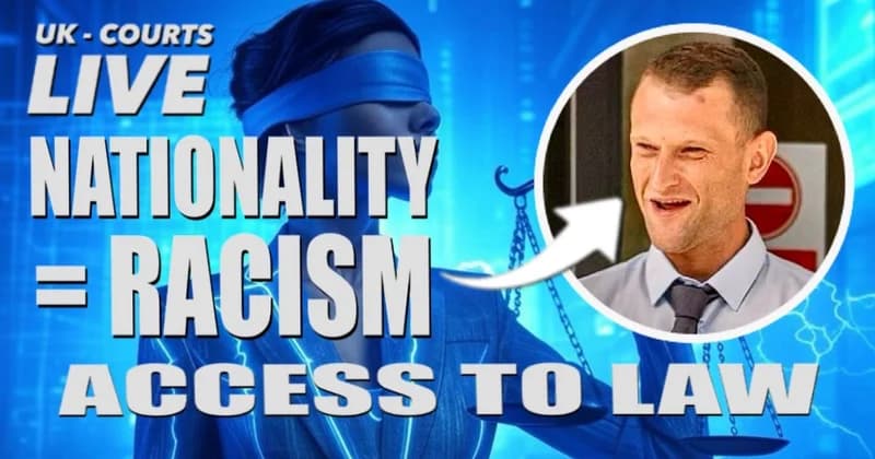 UK Courts Live thumbnail for the Luke Yarwood case featuring a headshot of the defendant and a blindfolded Lady Justice. Bold text overlays read: "NATIONALITY = RACISM" and "ACCESS TO LAW."