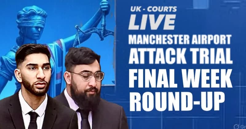 Professional news thumbnail showing a striking news card and the defendants in the Manchester Airport Attack trial