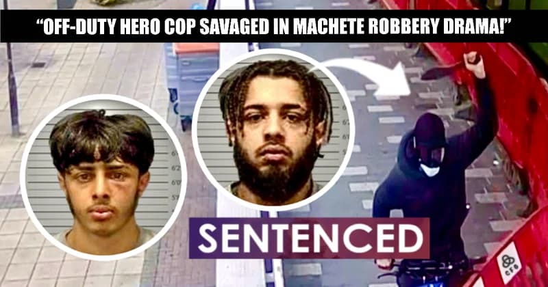 Mugshots of Hannan and Humar Mahmood overlaid on CCTV footage showing masked machete attacker during Luton e-bike robbery; bold headline reads “SENTENCED