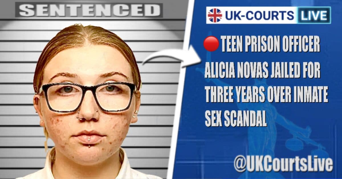 Prompt: A high-definition landscape YouTube thumbnail (16:9) featuring a cinematic, slightly blurred view of a modern prison cell interior with a steel door. The right side of the frame features a large, realistic red-inked "JAILED" stamp at a 15-degree angle. In the top corners, the Neon Blue and White "UK-COURTS LIVE" logo is displayed. Overlaid in the center-right is bold, white, distressed text: "PRISON SEX SCANDAL." The left 40% of the image is a dark, smooth gradient to allow for a manual portrait insertion.