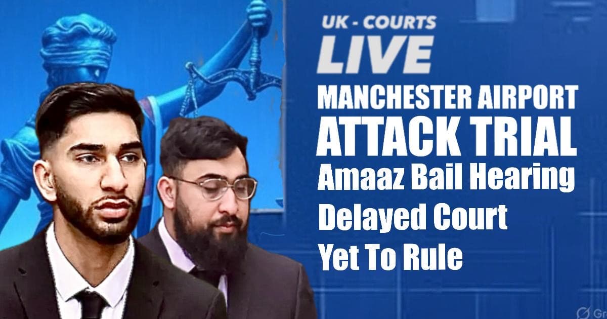 News card thumbnail showing two brothers involved in Manchester airport attack with headline informing Amaaz@s bail hearing is delayed. 