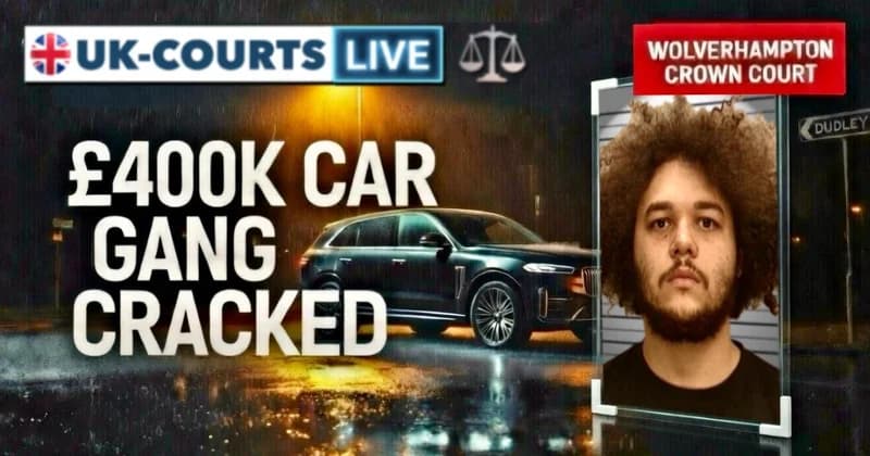 Professional cinematic 8k broadcast news graphic thumbnail featuring a high value car, parked roadside, lit up by streetlights in an urban nighttime scene. To the left, a vertical 9:16 portrait-ratio glass frame integrated into the shot, featuring a striking custom enhanced custody portrait of perpetrator, black or mixed race with large afro hair and a retro style moustache, captured against an iconic police suspect photo lines background. To the right of this, bold news headline text “400K CAR GANG CRACKED”.