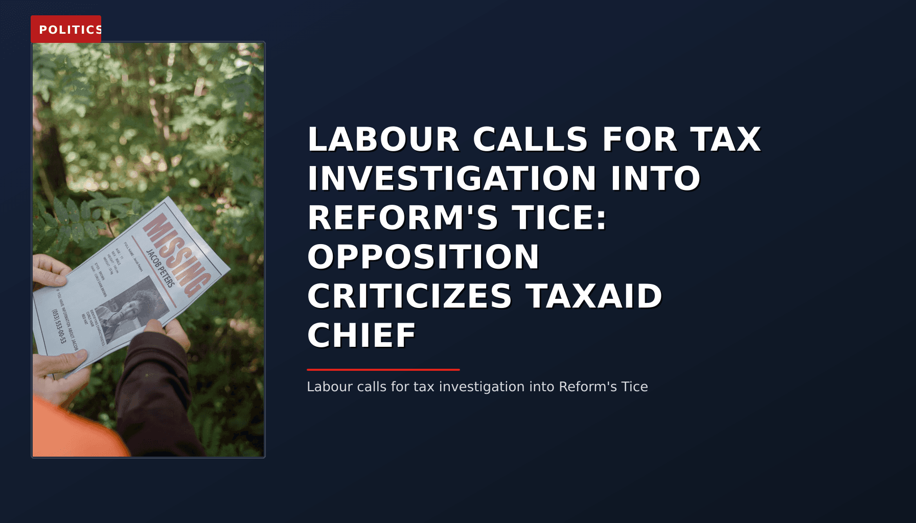 POLITICS: LABOUR CALLS FOR TAX INVESTIGATION INTO REFORM'S TICE: OPPOSITION CRITICIZES TAXAID CHIEF — VPNews