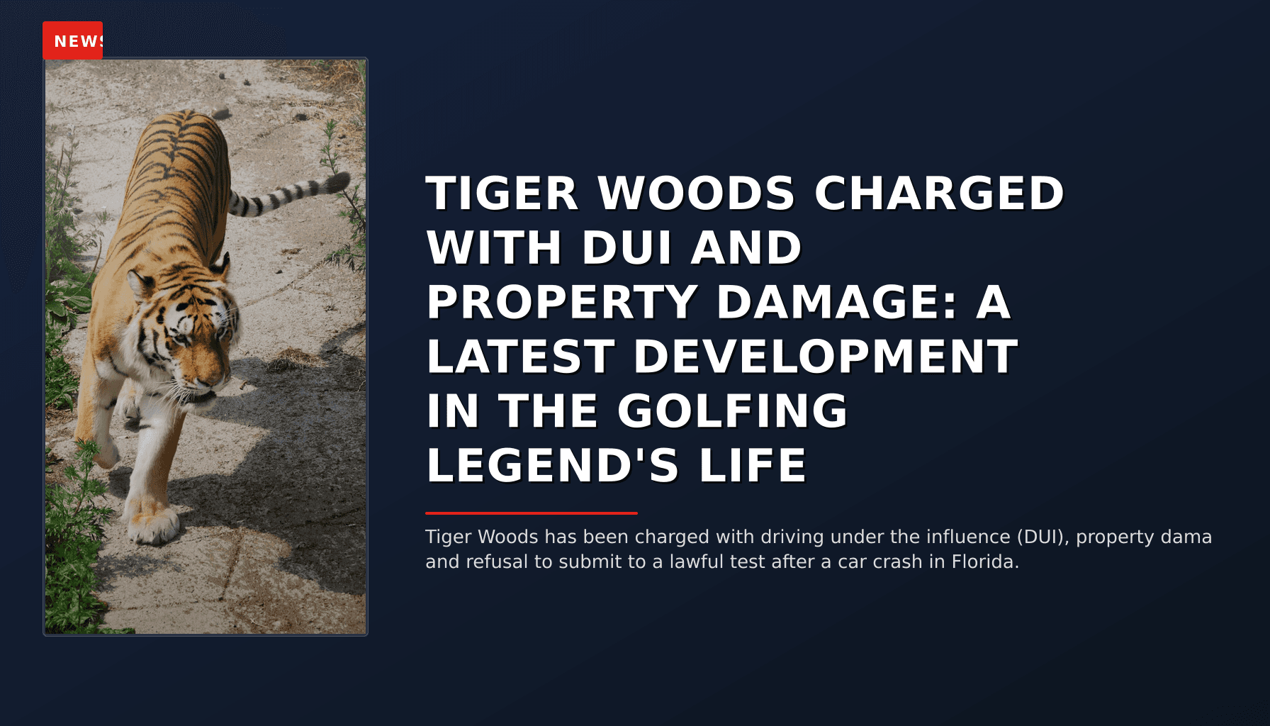 NEWS: TIGER WOODS CHARGED WITH DUI AND PROPERTY DAMAGE: A LATEST DEVELOPMENT IN THE GOLFING LEGE — VPNews