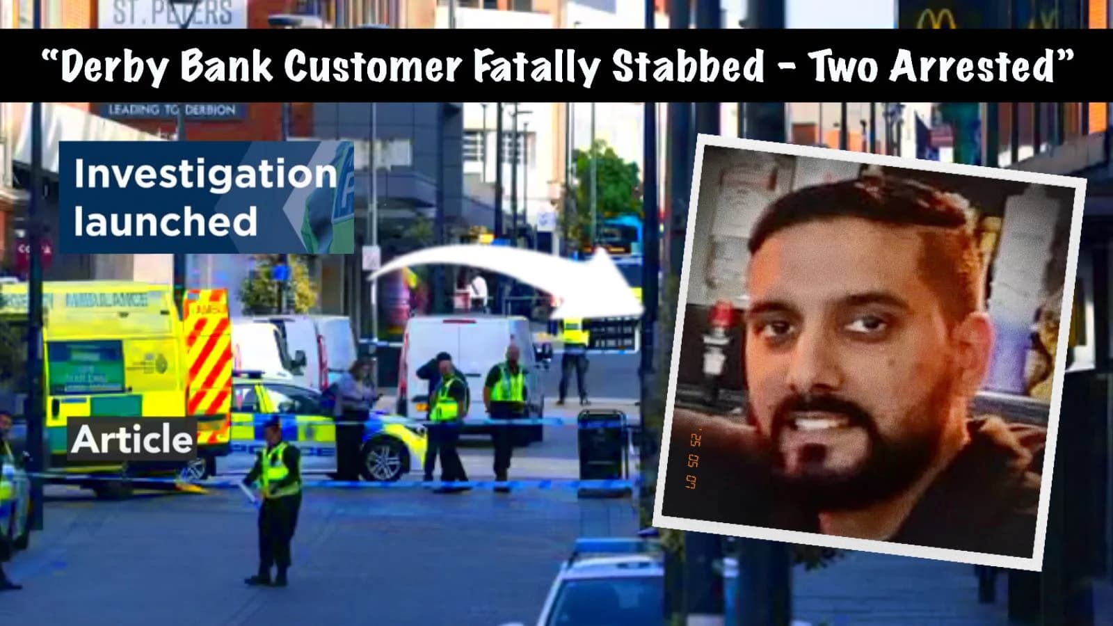 Thumbnail by Video Production News showing a picture police vehicles at the crime scene and a picture of the victim.