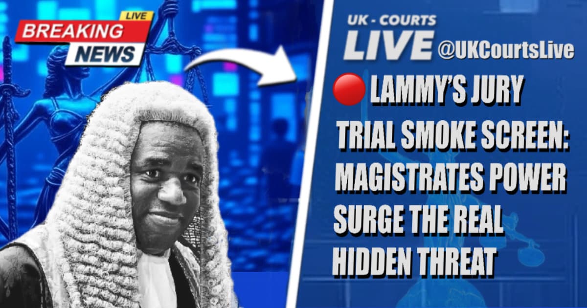 Breaking news thumbnail: David Lammy in judge’s wig amid justice scales, headline ‘Lammy’s Jury Trial Smoke Screen: Magistrates Power Surge The Real Hidden Threat’ by UK Courts Live. SEO keywords: David Lammy reforms, jury trials, magistrates powers.