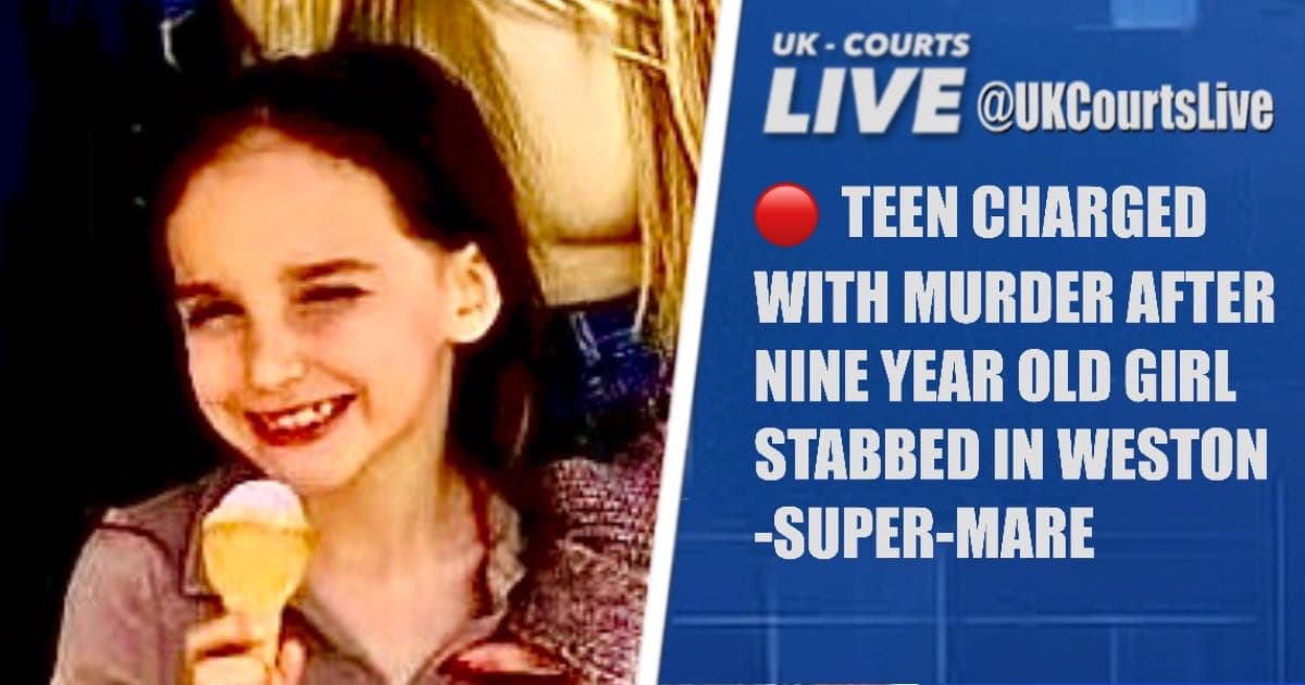 News thumbnail showing a portrait of 9-year-old Aria Thorpe alongside headline text stating a teenager has been charged with her murder in Weston-super-Mare. Includes UK Courts Live branding.