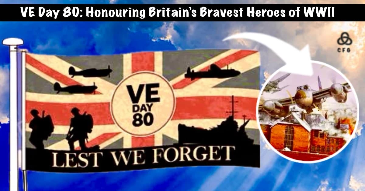 VE Day 80th anniversary tribute image featuring Union Jack flag with silhouettes of WWII soldiers, aircraft and naval ships, and an inset of RAF Mosquito bombers during Operation Jericho raid—captioned ‘Lest We Forget’ against a dramatic sky background.
