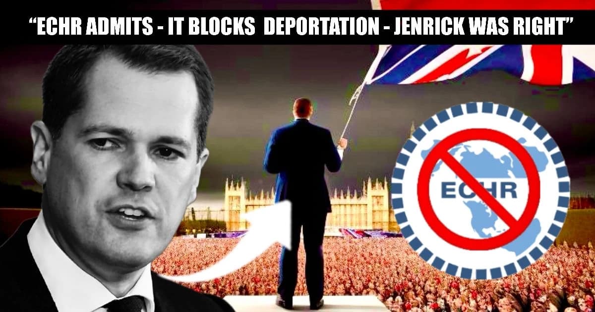 Jenrick leads the charge: crowd-backed call to scrap ECHR grows as Europe admits it’s blocking deportations. ECHR logo with a big red cross through it as Jenrick slams outdated rules.