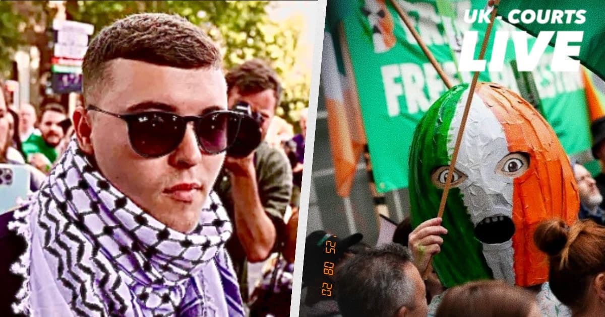 Professional news thumbnail image of Mo Chara of Kneecap & Scenes outside court