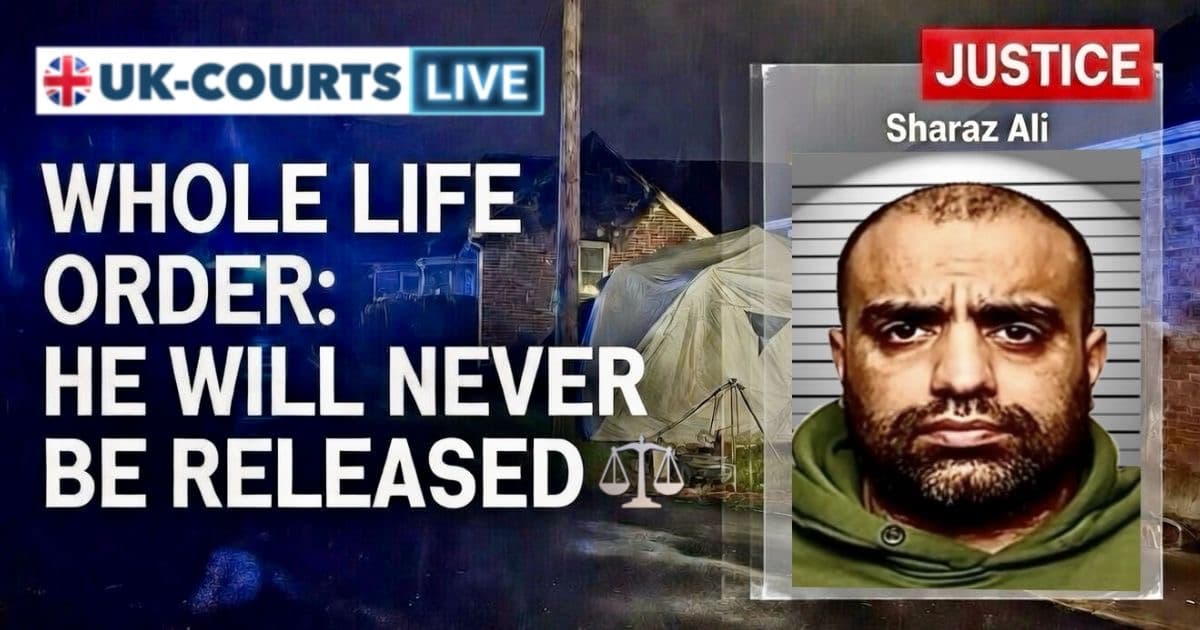 16:9 Ultra-wide cinematic news graphic. Asymmetric split-screen composition. On the far right third, a sharp vertical frame for the custody image of Sharaz Ali. The background features a high-contrast, moody shot of a forensic tent outside a fire-damaged suburban brick house at night, illuminated by blue police lights. Overlapping the left side is, bold white sans-serif tabloid text with a heavy drop shadow: WHOLE LIFE ORDER: HE WILL NEVER BE RELEASED. A bright red 'JUSTICE' badge is fixed in the top-right corner. Professional broadcast news aesthetic, photorealistic, 8k. --ar 16:9