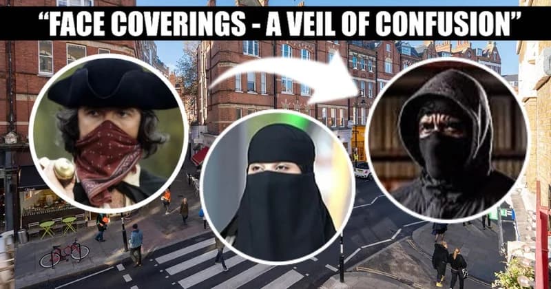Image shows Dick Turpin, a veiled woman, and a masked teen criminal on a London street—symbolising 300 years of disguise-enabled crime. It’s time to unmask Britain for good.