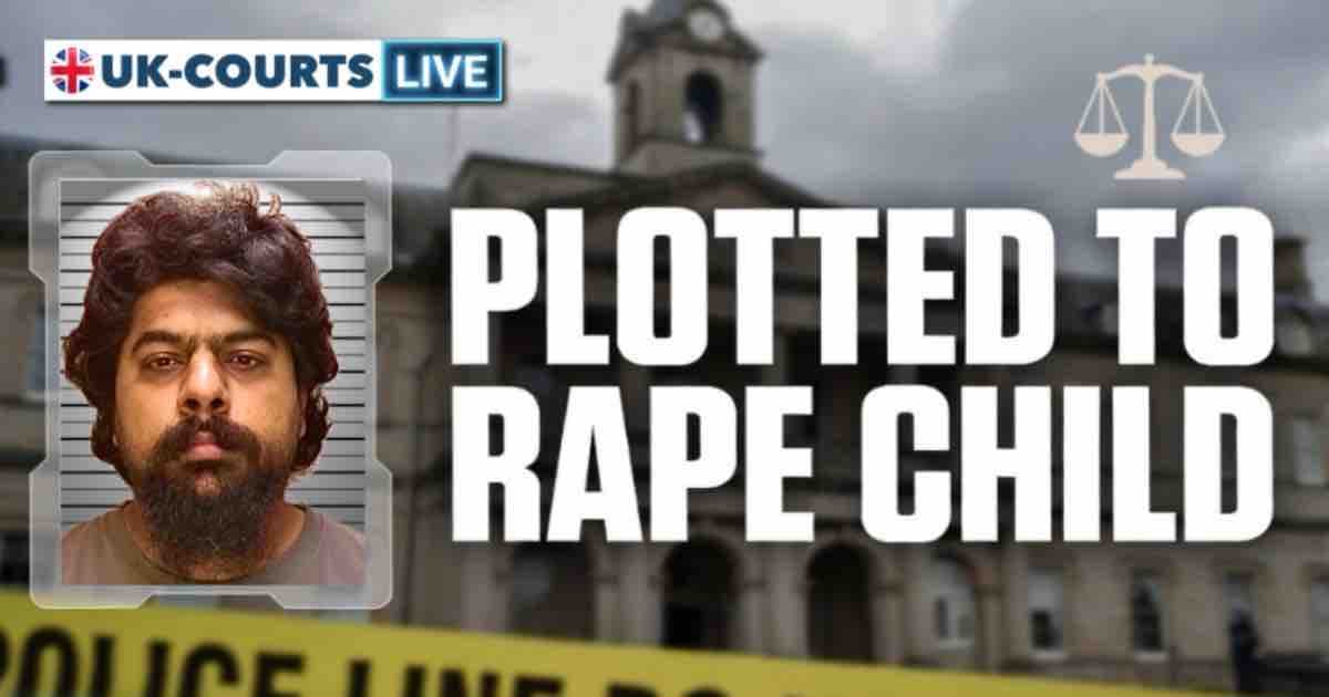 16:9 Ultra-wide cinematic news graphic. UK COURTS LIVE logo and scales of justice. Asymmetric split-screen. On the left third, a vertical 3:4 futuristic high tech glass frame with a striking custom enhanced police mugshot of 30 year old predator Adam Khan, a Pakistani man with unkempt medium length hair. To the right, bold white sans-serif tabloid text with a heavy drop shadow reading "PLOTTED TO RAPE CHILD". Style: Professional broadcast news aesthetic, photorealistic, 8k, featuring the exterior of Birmingham Crown Court under a cold, overcast sky with police tape in the foreground