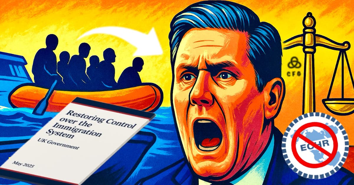 Illustration of Keir Starmer facing backlash over migrant returns policy, blocked by the ECHR, with small boats, scales of justice, and immigration papers.