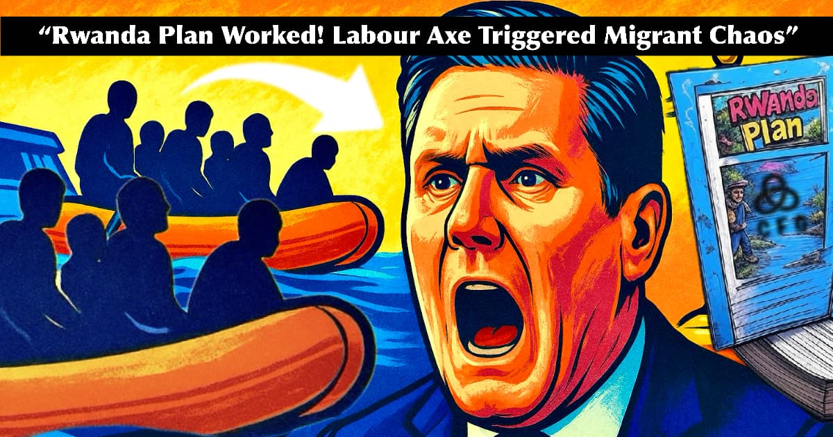 Illustrated political thumbnail showing Labour leader Keir Starmer shouting as inflatable migrant boats cross the Channel. A “Rwanda Plan” document appears torn or rejected, with migrants silhouetted at sea and an arrow pointing toward the UK. Bold headline reads: “Rwanda Plan Worked! Labour Axe Triggered Migrant Chaos.”