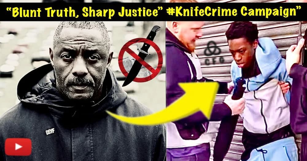 Knife Campaigner Idriss Elba to left, Youth with knife arrested by undercover officers in right panel