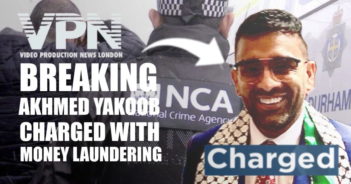 Breaking news thumbnail by Video Production News London (VPN) featuring Akhmed Yakoob, who has been charged with money laundering. The image includes bold headline text, an NCA (National Crime Agency) officer in the background, and a smiling photo of Yakoob with the word “Charged” prominently displayed. Designed for use in crime news coverage and YouTube reporting
