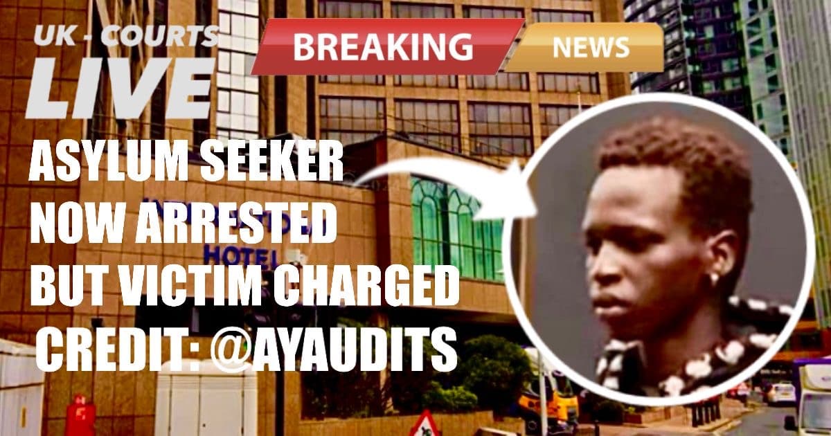 Professional Video Production News thumbnail with background of migrant hotel, headline and image of face of migrant accused of entering woman’s home without permission.