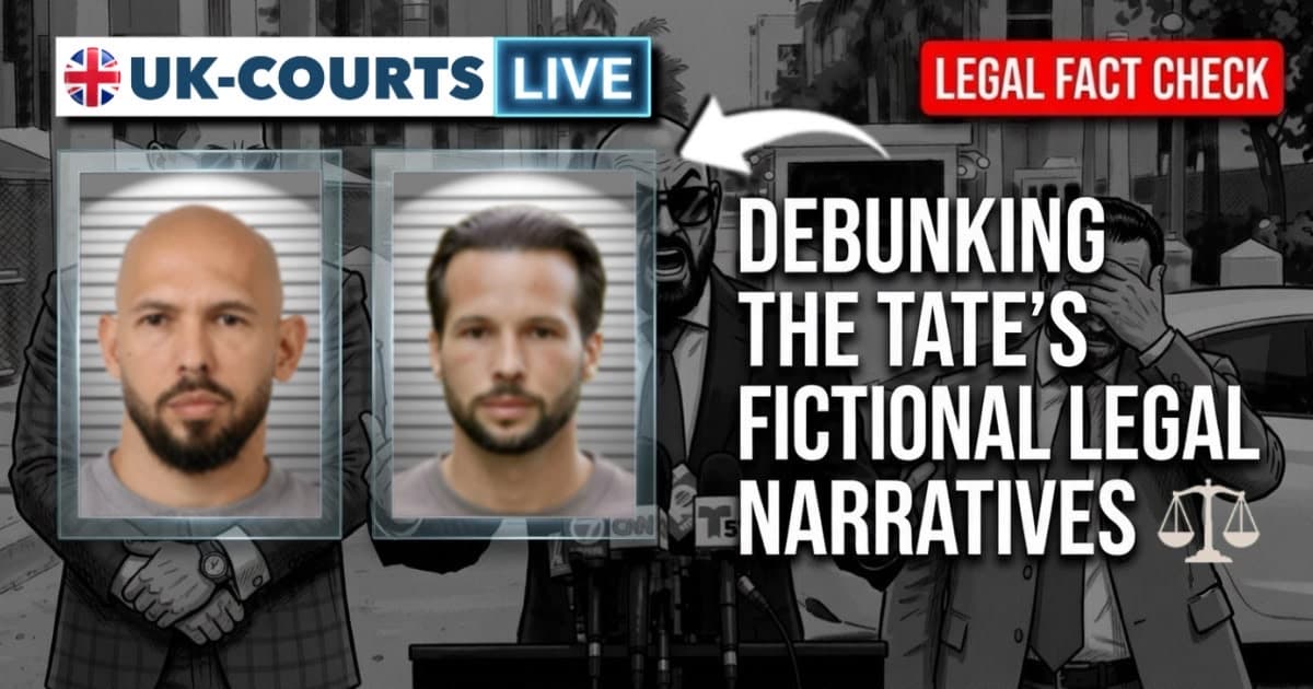 Image of Andrew & Tristan Tate with headline: Debunking the Tate’s Fictional Legal Narratives