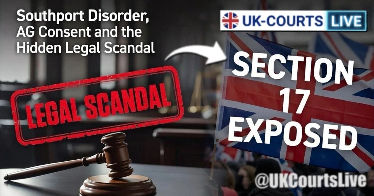 Landscape 16:9 thumbnail. Left side: A blurred courtroom interior with a red "LEGAL SCANDAL" overlay. Right side: A dark brick wall with bold white text "SECTION 17 EXPOSED" and a placeholder for a public figure portrait.