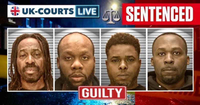 Video Production News UK-COURTS:LIVE sentencing thumbnail featuring dramatically framed custody photos, carefully enhanced for maximum impact, overlayed on a professional broadcast news aesthetic, photorealistic, ultra-sharp 8k image of a gritty, rain-slicked view of a Wolverhampton residential street at night, with yellow 'CRIME SCENE' tape fluttering in the foreground under the harsh, rhythmic flicker of blue police strobes.