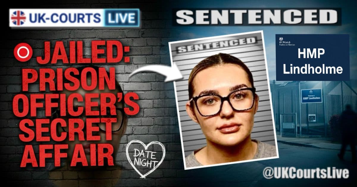 Landscape thumbnail featuring a gritty, dark brick wall on the left with bold red text: "JAILED: PRISON OFFICER'S SECRET AFFAIR". To the right of the text is a square police mugshot of Charlotte Winstanley over a white "Date Night" chalk heart. The right side of the image depicts the exterior gates of HMP Lindholme under a somber sky, with a digital overlay showing the UK Courts Live logo and the word "SENTENCED".