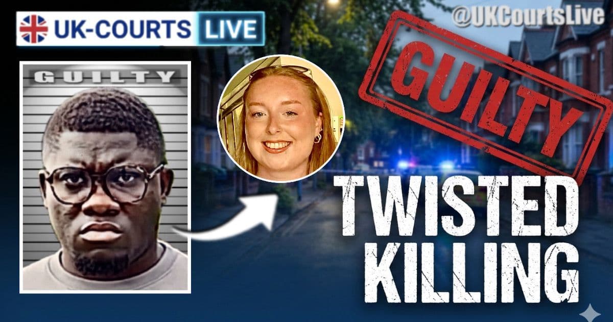 A landscape YouTube thumbnail with a neon blue UK-COURTS LIVE logo, a red "GUILTY" stamp over a Nottingham crime scene, and space for a portrait.