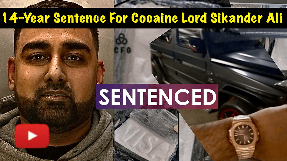 Sikander Ali to left, cash, drugs and car to the right.