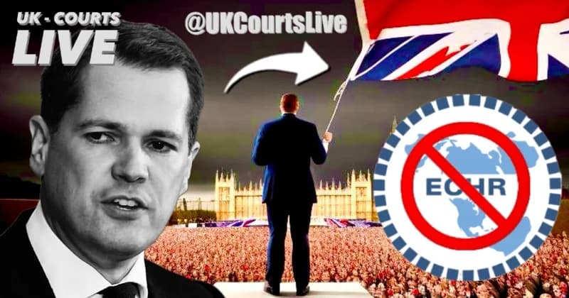 Video Production News thumbnail featuring Robert Jenrick before a striking AI backdrop of Jenrick speaking before thousands in front of Houses Of Parliament, waving large Flag. Large ECHR logo with a red line through it symbolising EXHR exit.