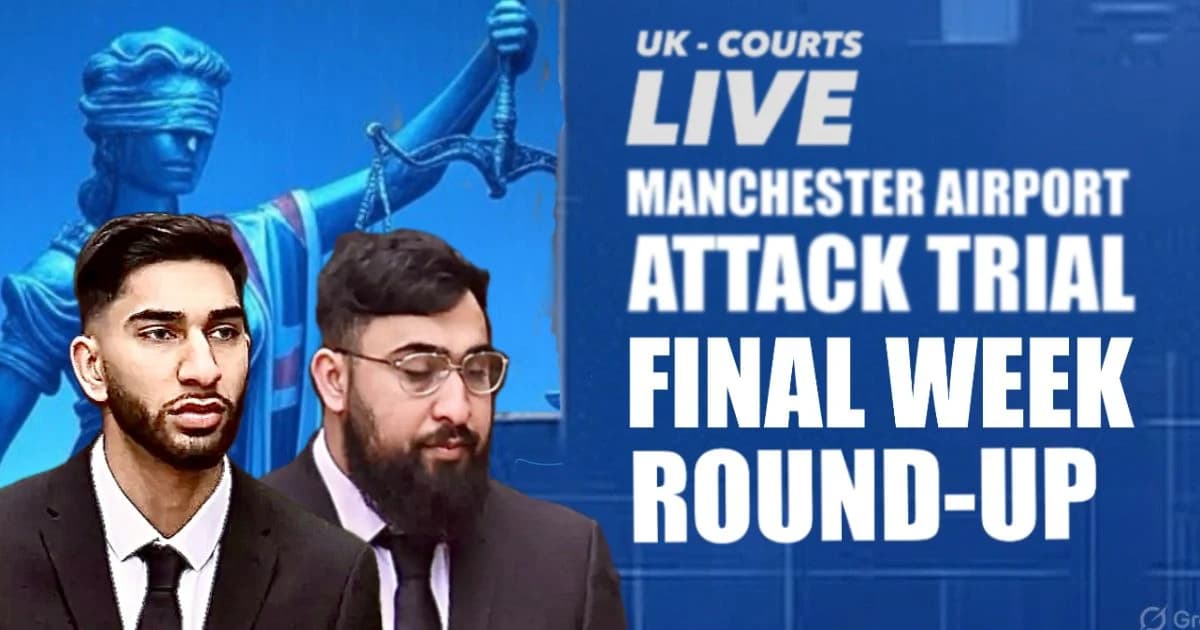 Professional news thumbnail showing a striking news card and the defendants in the Manchester Airport Attack trial