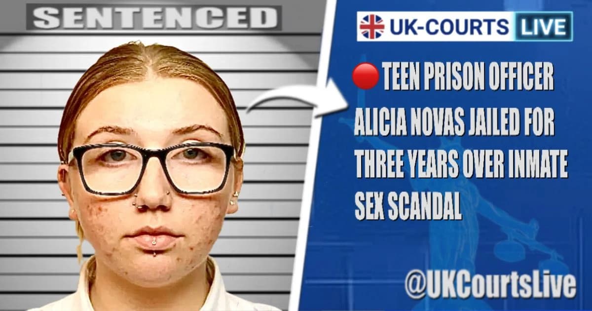 Prompt: A high-definition landscape YouTube thumbnail (16:9) featuring a cinematic, slightly blurred view of a modern prison cell interior with a steel door. The right side of the frame features a large, realistic red-inked "JAILED" stamp at a 15-degree angle. In the top corners, the Neon Blue and White "UK-COURTS LIVE" logo is displayed. Overlaid in the center-right is bold, white, distressed text: "PRISON SEX SCANDAL." The left 40% of the image is a dark, smooth gradient to allow for a manual portrait insertion.